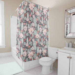 Succulent Plants And Cactus In Pink Mint Pattern Shower Curtain