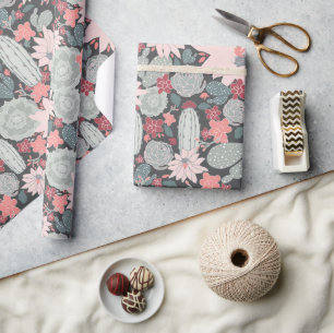 Succulent Plants And Cactus Pattern In Pink Mint Wrapping Paper
