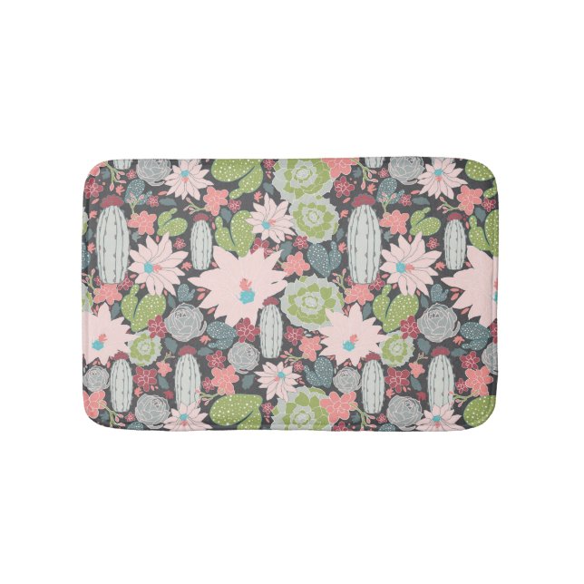 Succulent Plants Cactus In Green Pink Pattern Bath Mat (Front)