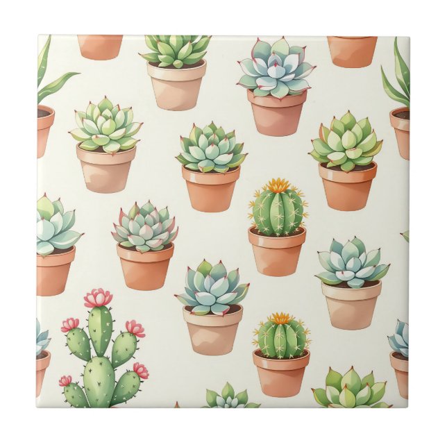 Succulent Plants Seamless Pattern Terracotta Pots Ceramic Tile (Front)