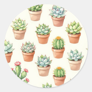 Succulent Plants Seamless Pattern Terracotta Pots Classic Round Sticker