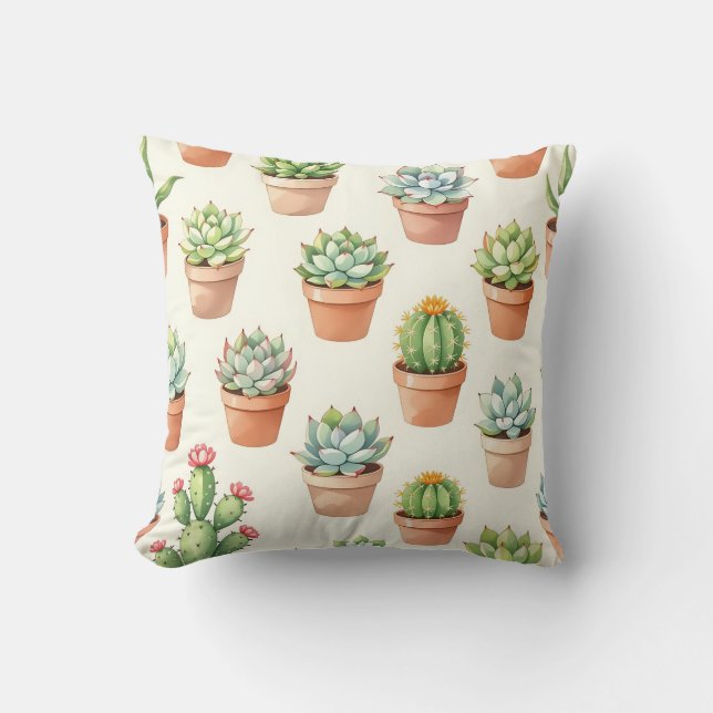 Succulent Plants Seamless Pattern Terracotta Pots Cushion (Front)