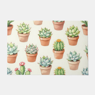 Succulent Plants Seamless Pattern Terracotta Pots Doormat