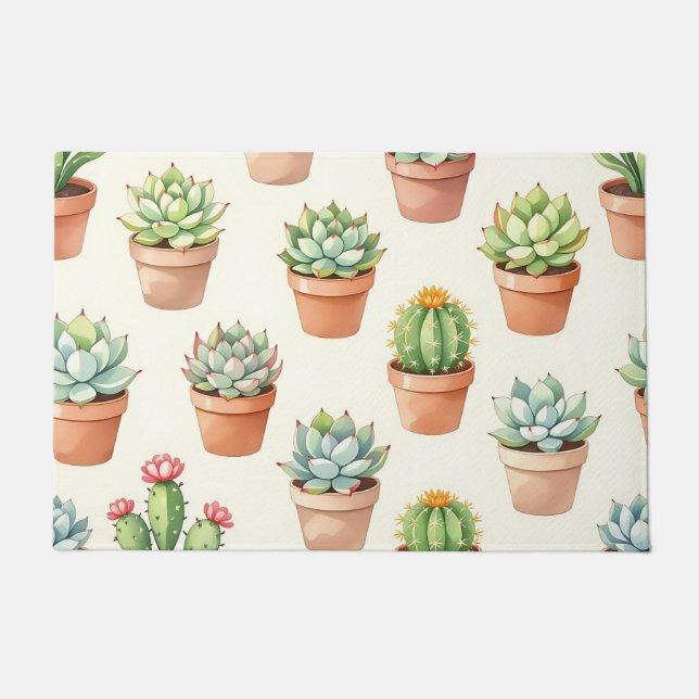 Succulent Plants Seamless Pattern Terracotta Pots Doormat (Front)