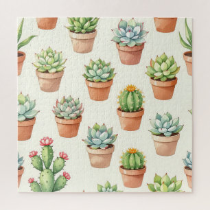 Succulent Plants Seamless Pattern Terracotta Pots Jigsaw Puzzle
