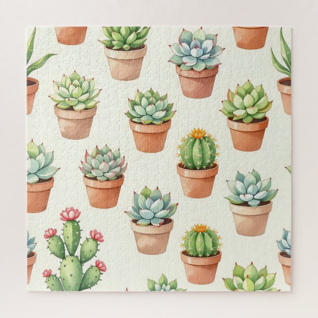 Succulent Plants Seamless Pattern Terracotta Pots Jigsaw Puzzle (Vertical)