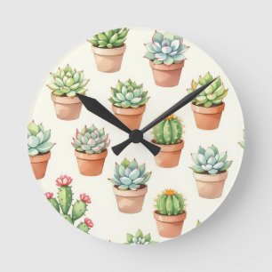 Succulent Plants Seamless Pattern Terracotta Pots Round Clock