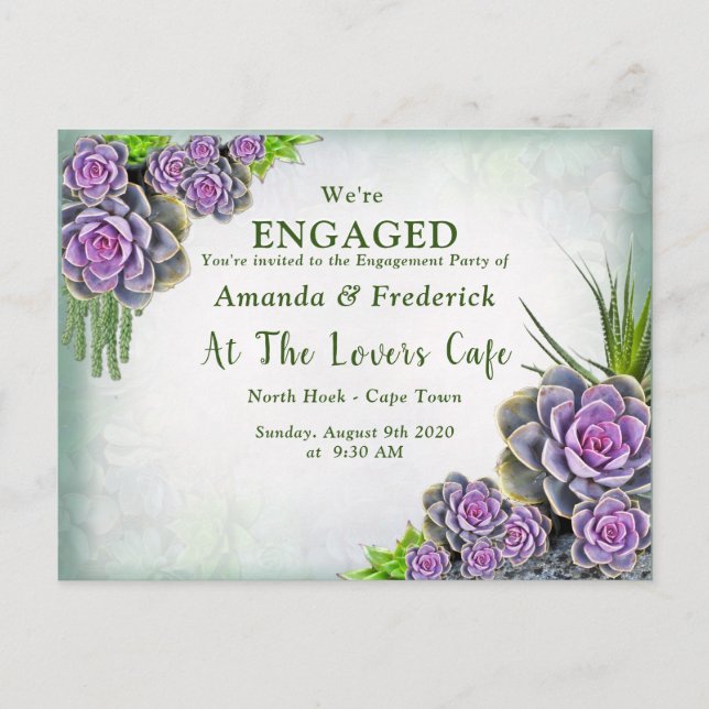 Succulent Sea green,violet Bouquet Engagement Invitation Postcard (Front)
