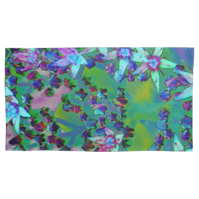 Succulent Sedum Flowers in Aqua, Purple and Blue Pillowcase (Front-Left)