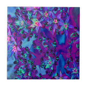 Succulent Sedum Flowers in Teal, Magenta and Blue Ceramic Tile