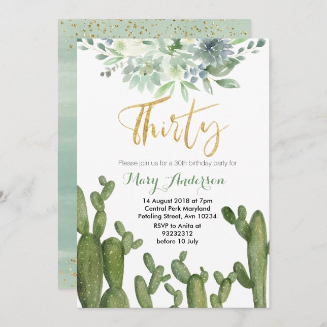 Succulent Thirty 30th Birthday Invitation cactus (Front/Back)