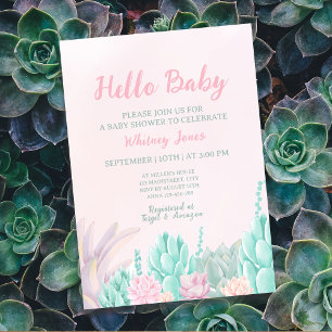 Succulent Watercolor Botanical Girl Baby Shower Invitation