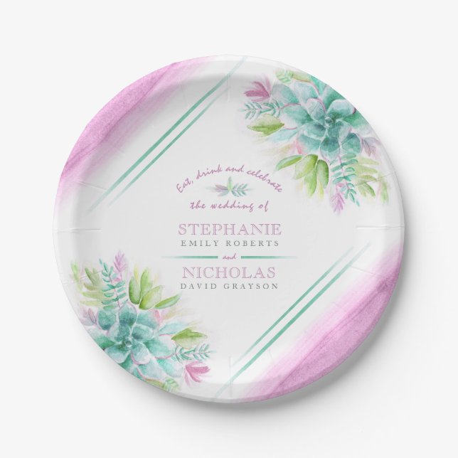 Succulent watercolor custom wedding plates (Front)