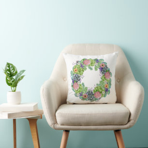 Succulent Watercolor Floral Wreath Cushion