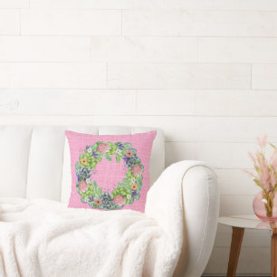 Succulent Watercolor Floral Wreath on Pink Cushion