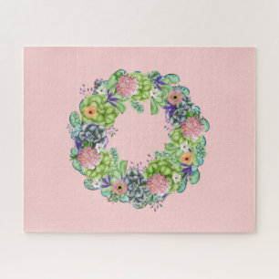Succulent Watercolor Floral Wreath on Pink Jigsaw Puzzle