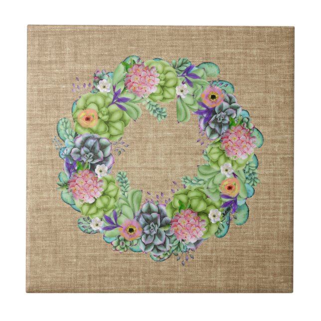 Succulent Watercolor Floral Wreath on Tan Ceramic Tile (Front)