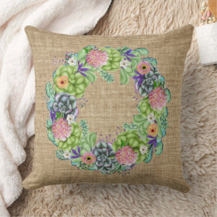 Succulent Watercolor Floral Wreath on Tan Cushion
