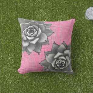 Succulent Watercolor Gray on Pink Cushion