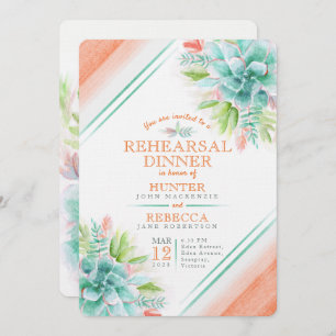 Succulent watercolor green orange rehearsal dinner invitation