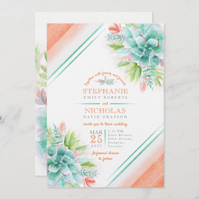 Succulent watercolor green orange wedding invites (Front/Back)