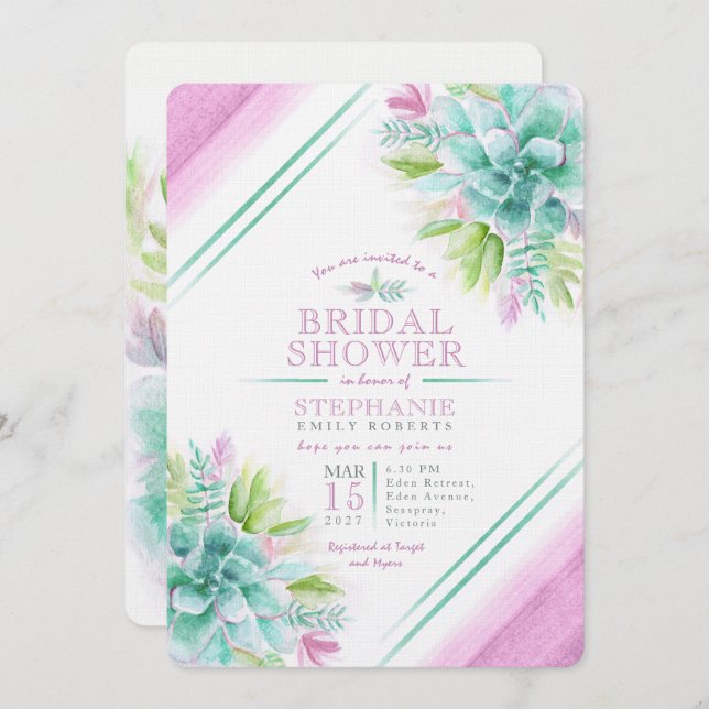 Succulent watercolor green purple bridal shower invitation (Front/Back)