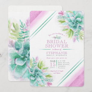 Succulent watercolor green purple bridal shower invitation