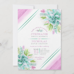 Succulent watercolor green purple photo wedding invitation
