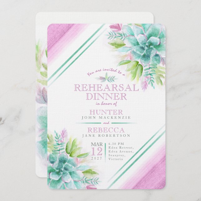 Succulent watercolor green purple rehearsal dinner invitation (Front/Back)