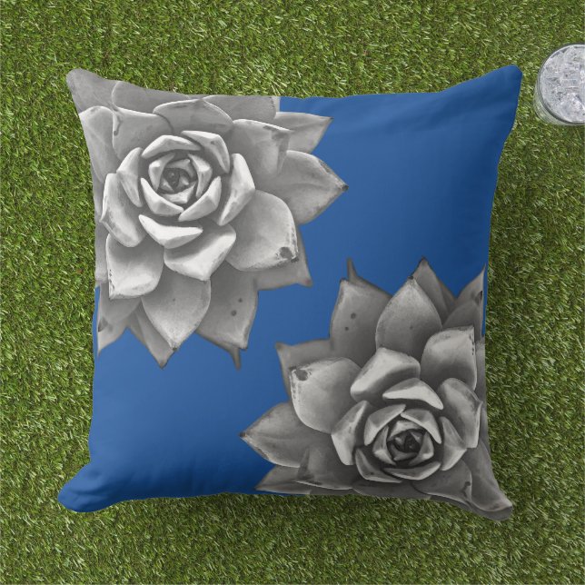 Succulent Watercolor Grey on Blue Cushion (Grass)