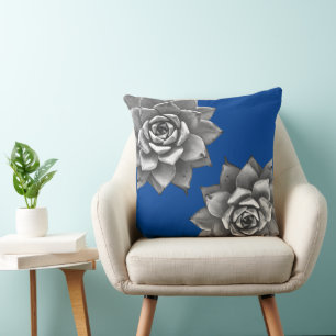 Succulent Watercolor Grey on Blue Cushion