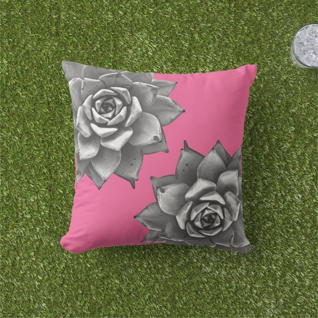 Succulent Watercolor Grey on Hot Pink Cushion (Grass)