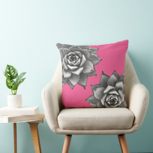 Succulent Watercolor Grey on Hot Pink Cushion