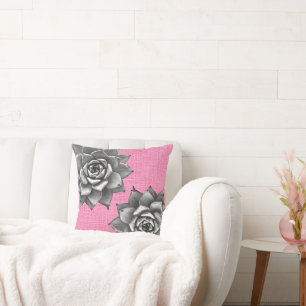 Succulent Watercolor Grey on Pink Cushion