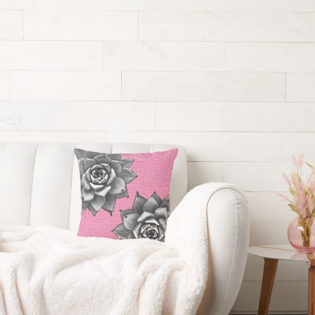 Succulent Watercolor Grey on Pink Cushion (Couch)