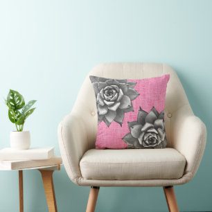 Succulent Watercolor Grey on Pink Cushion
