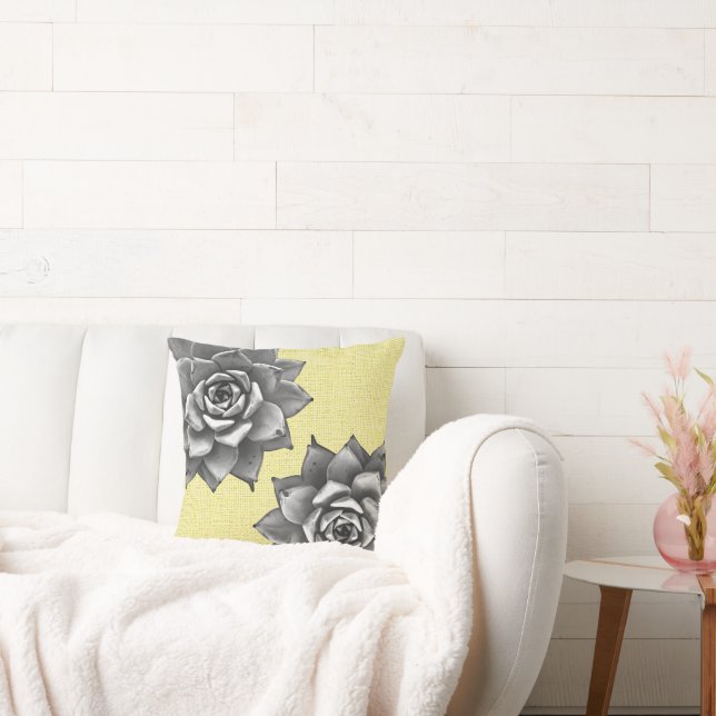 Succulent Watercolor Grey on Yellow Cushion (Couch)
