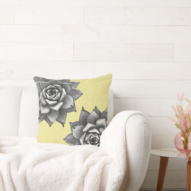 Succulent Watercolor Grey on Yellow Cushion (Couch)