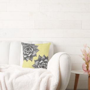Succulent Watercolor Grey on Yellow Cushion