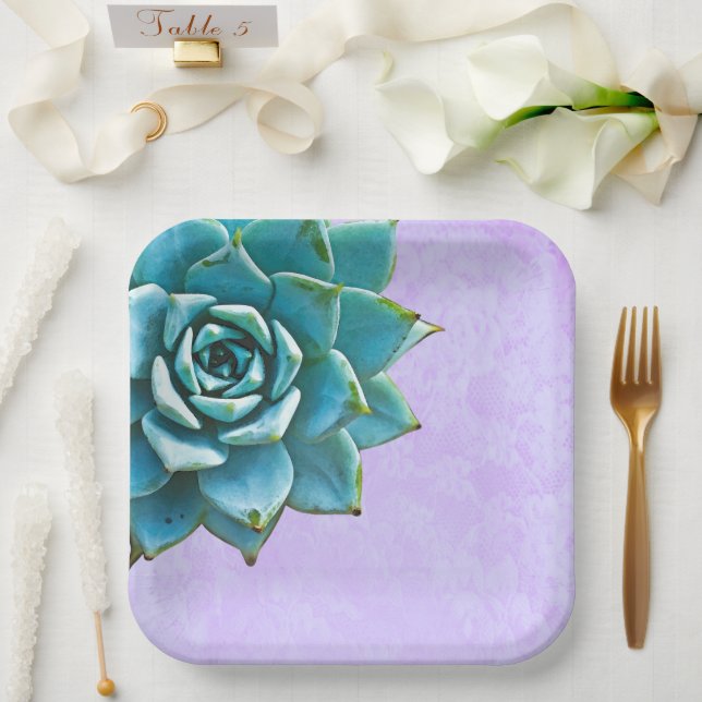 Succulent Watercolor  Lavender Lace Paper Plate (Wedding)