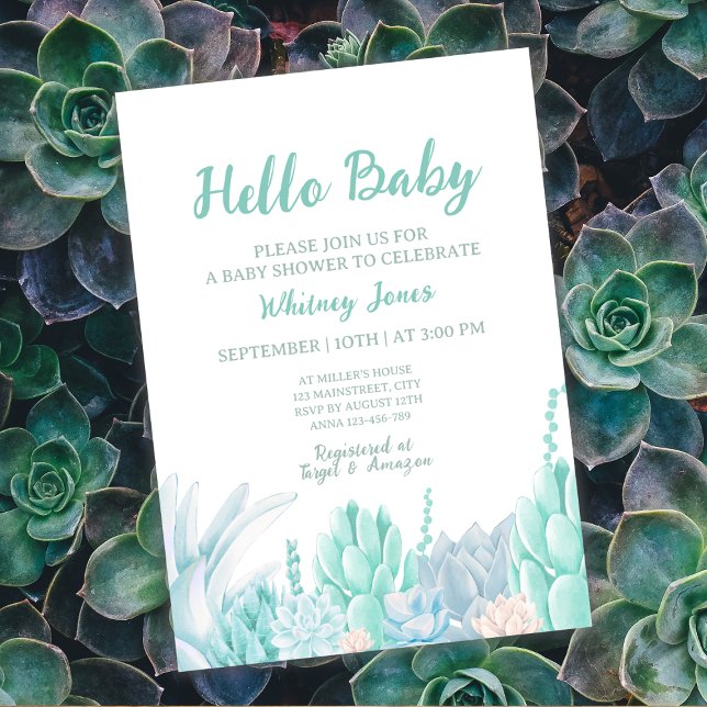 Succulent Watercolor Mint Green Boy Baby Shower Invitation (Succulent Watercolor Mint Green Boy Baby Shower Invitation)