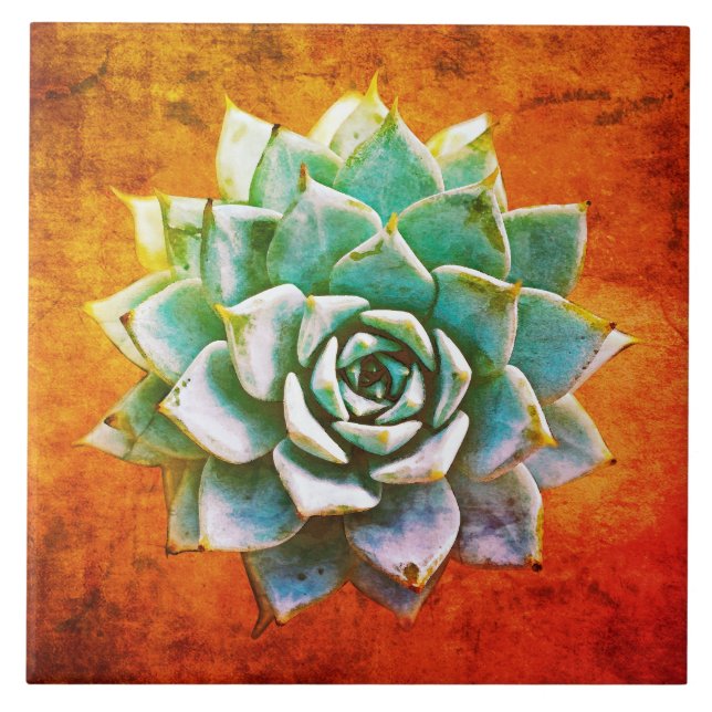 Succulent Watercolor on Orange Rust Ceramic Tile (Front)