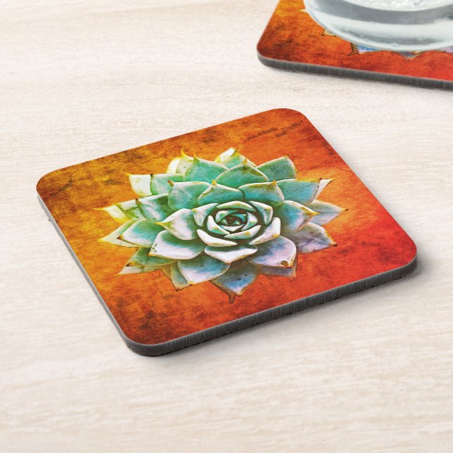 Succulent Watercolor on Orange Rust Coaster (Left Side)