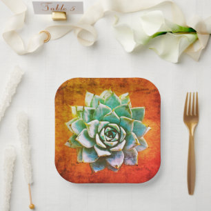 Succulent Watercolor on Orange Rust Paper Plate