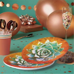 Succulent Watercolor on Orange Rust Paper Plate