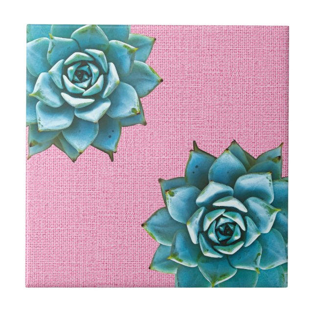 Succulent Watercolor on Pale Pink Ceramic Tile (Front)
