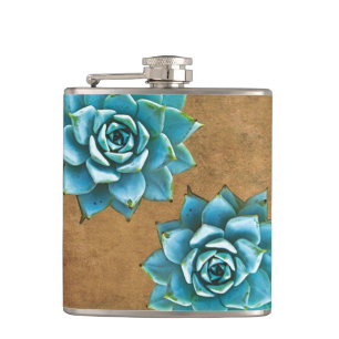Succulent Watercolor on Rustic Brown Hip Flask