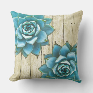 Succulent Watercolor on Shabby Wood Outdoor Cushion
