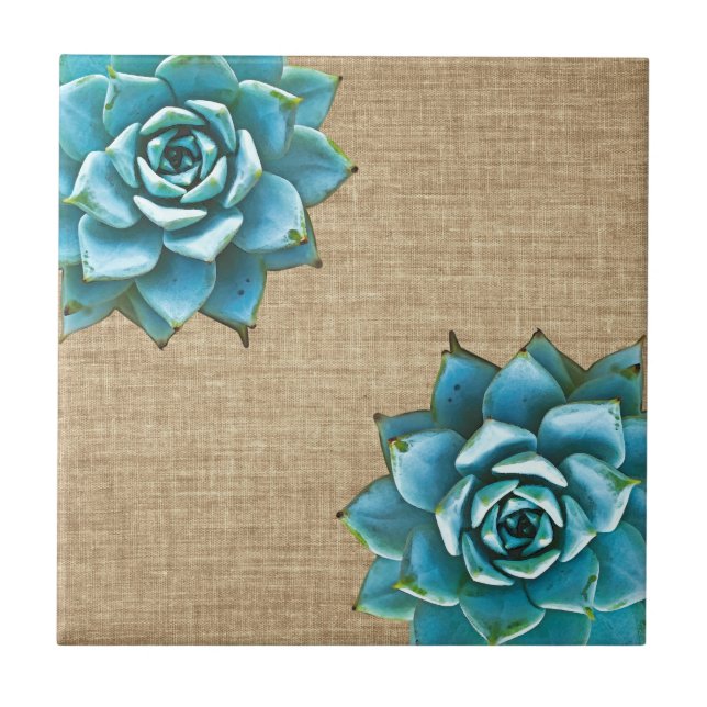 Succulent Watercolor on Tan Burlap Ceramic Tile (Front)