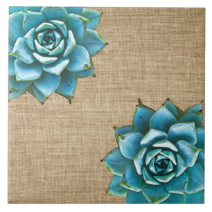 Succulent Watercolor on Tan Burlap Ceramic Tile